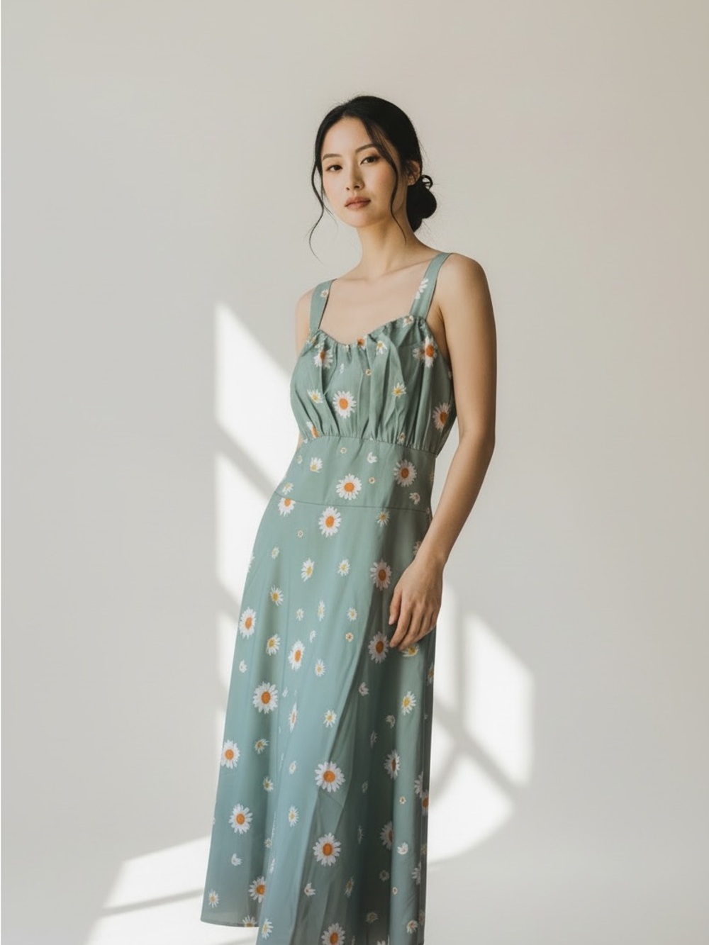 Belle Poque Vintage Daisy Print Ruched Midi Dress Green Size L